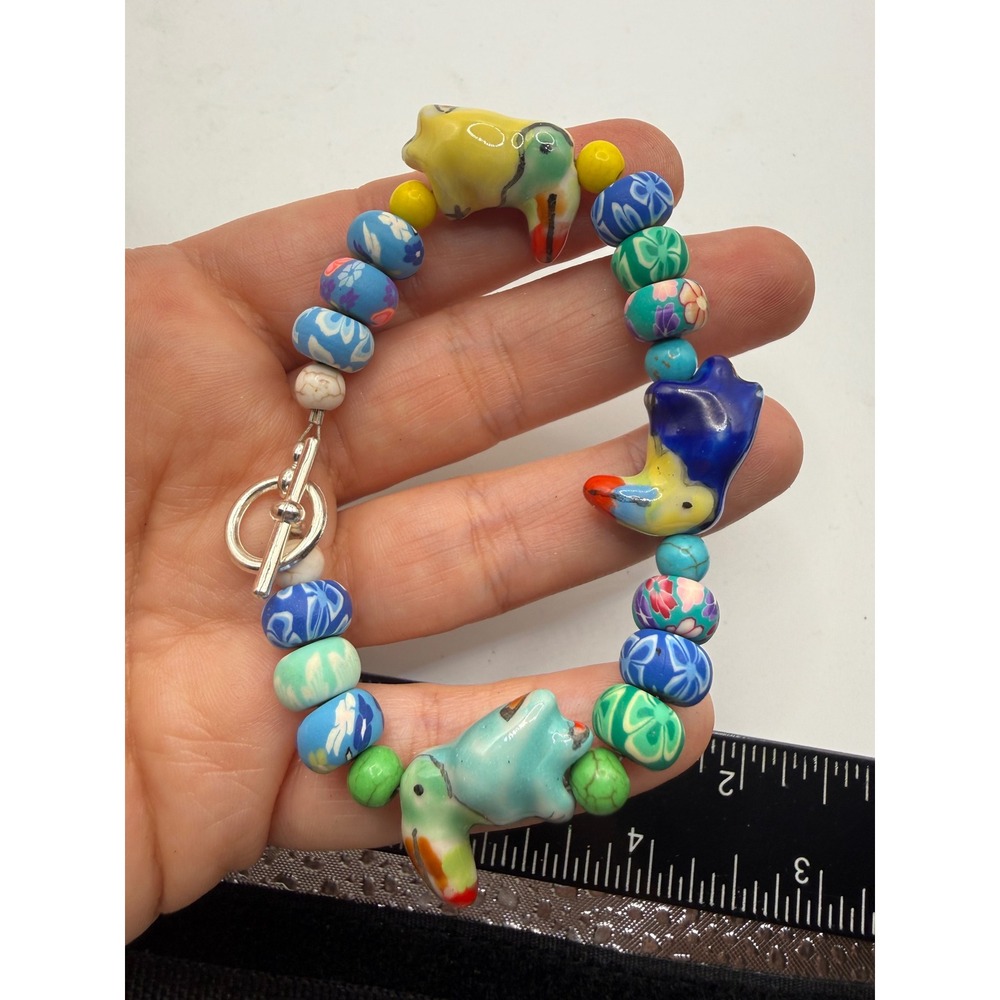 Handmade Ceramic Toucan Bead Bracelet Tropical Floral Clay Beads Toggle Clasp - Picture 3 of 3
